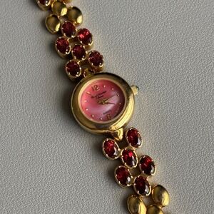 Marcel Drucker Collection Watch Gold Tone Red Stones Japan 7.75 Battery Replaced